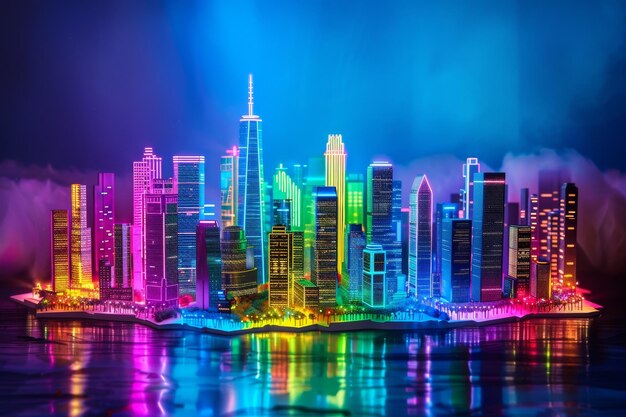 Photo a futuristic cityscape with towering skyscrapers lit up by vibrant neon rainbow lights reflecting on the water develop a futuristic cityscape with neon rainbow lights illuminating the skyline