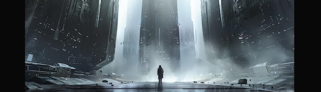 Photo futuristic cityscape with towering skyscrapers a lone figure stands in the mist showcasing a captivating dystopian atmosphere