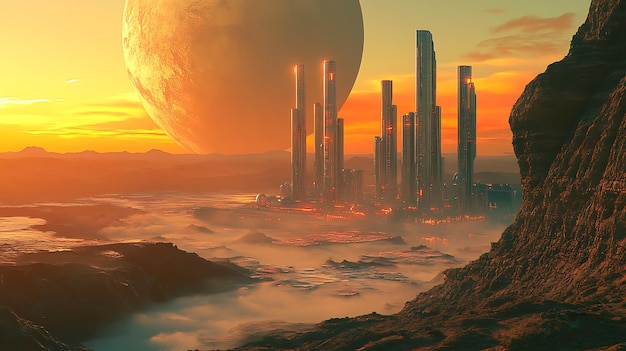 Photo futuristic cityscape with towering skyscrapers and a massive planet in the background