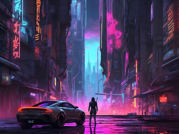 futuristic cityscape with towering skyscrapers neon lights cyberpunk style