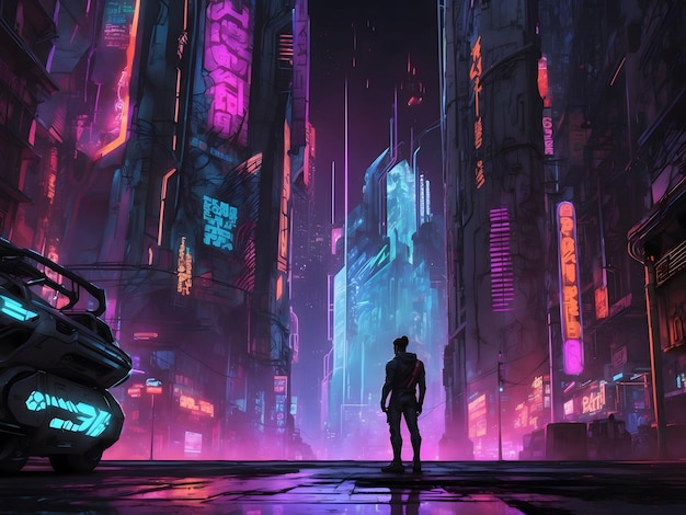 futuristic cityscape with towering skyscrapers neon lights cyberpunk style