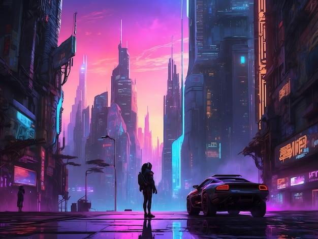 futuristic cityscape with towering skyscrapers neon lights cyberpunk style