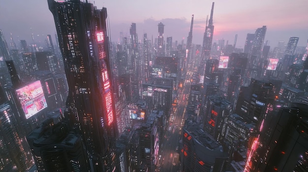 A futuristic cityscape with towering skyscrapers and neon lights at dusk