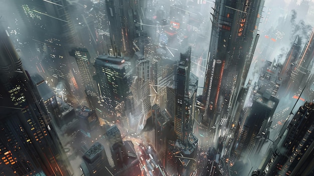 Futuristic cityscape with towering skyscrapers neon lights and foggy atmosphere creating a cyberpunk aesthetic