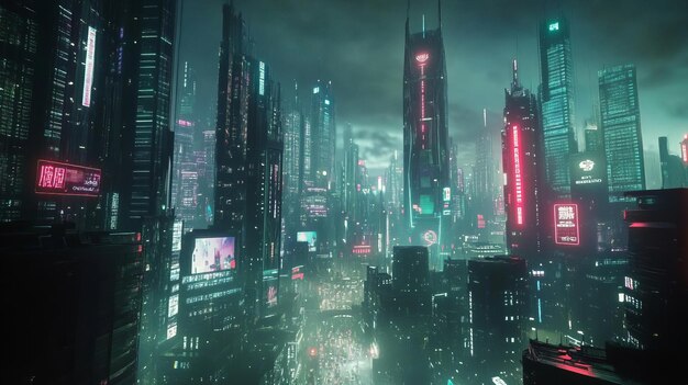 A futuristic cityscape with towering skyscrapers and neon lights