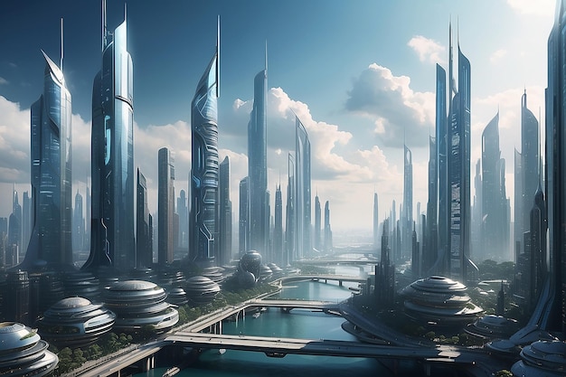 Photo futuristic cityscape with towering skyscrapers