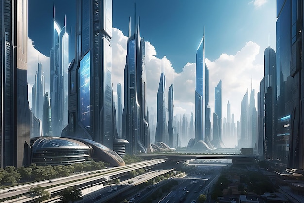 Photo futuristic cityscape with towering skyscrapers