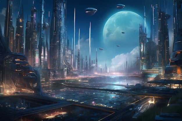 A futuristic cityscape with towering skyscrapers