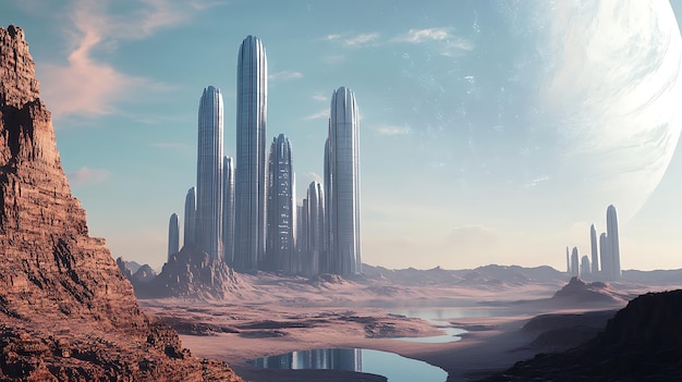 Futuristic cityscape with towering structures against a distant planet and serene water body