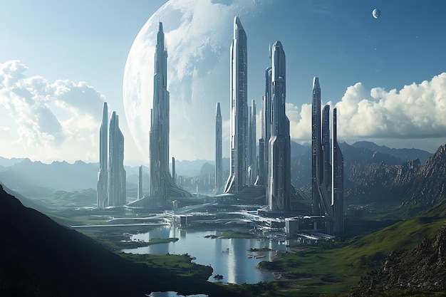 Futuristic cityscape with towering structures and a large planet in the background