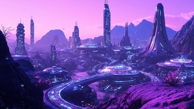 Photo a futuristic cityscape with vibrant colors and advanced architecture set in a mountainous landscape