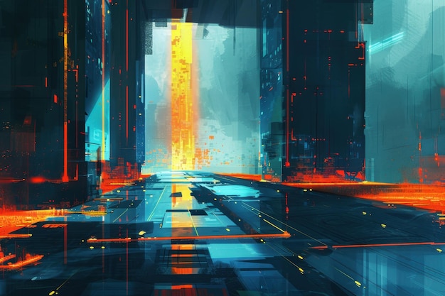 Futuristic Cityscape with Vibrant Colors and Geometric Shapes