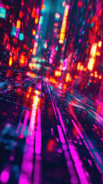 Photo a futuristic cityscape with vibrant neon lights and a glitch effect the image creates a sense of energy and excitement