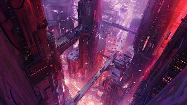 Futuristic cityscape with vibrant neon lights and highrise buildings showcasing advanced urban architecture and technology