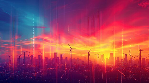 Photo futuristic cityscape with wind turbines at sunset