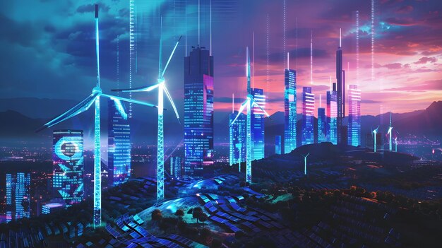 Futuristic Cityscape with Wind Turbines at Sunset