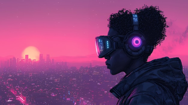 Futuristic Cityscape with a Young Woman in VR Headset