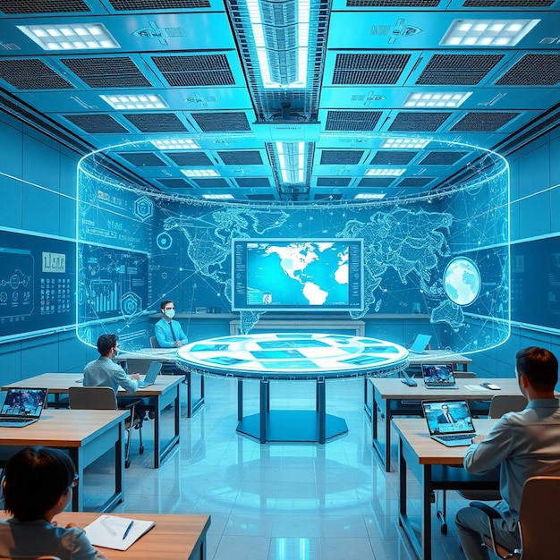 Photo a futuristic classroom holographic display virtual reality integrated into the learning experience