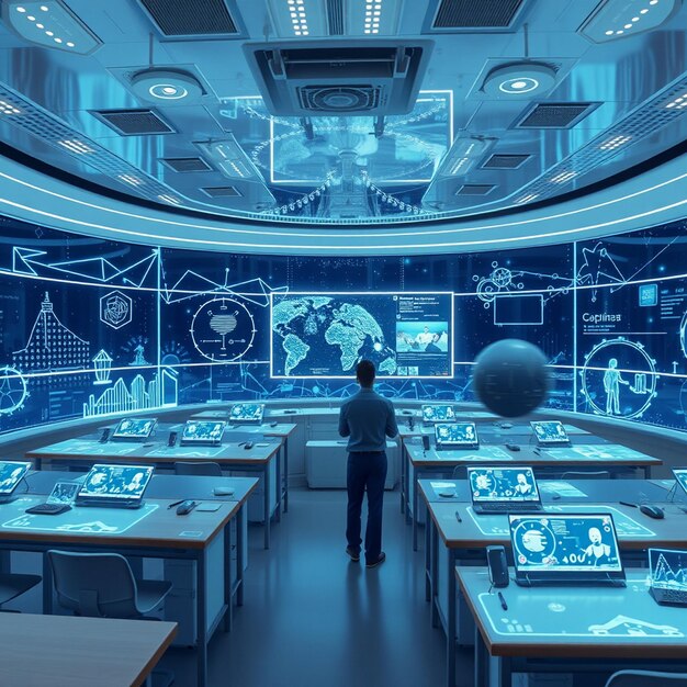 Photo a futuristic classroom holographic display virtual reality integrated into the learning experience