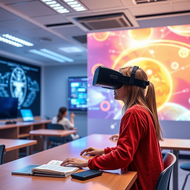 Photo a futuristic classroom holographic display virtual reality integrated into the learning experience