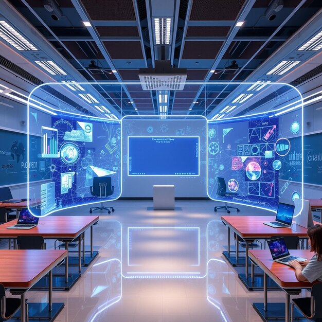 Photo a futuristic classroom holographic display virtual reality integrated into the learning experience