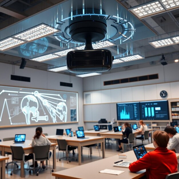 Photo a futuristic classroom holographic display virtual reality integrated into the learning experience