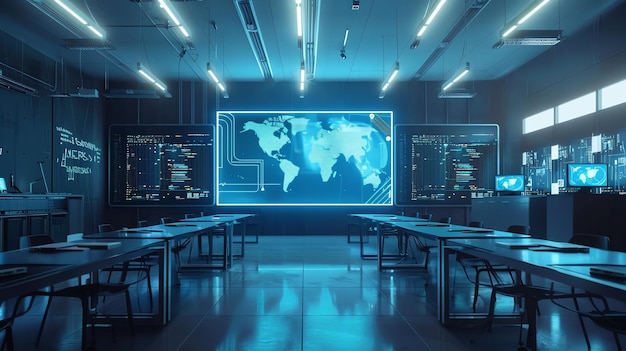 Futuristic classroom with digital screens and global map