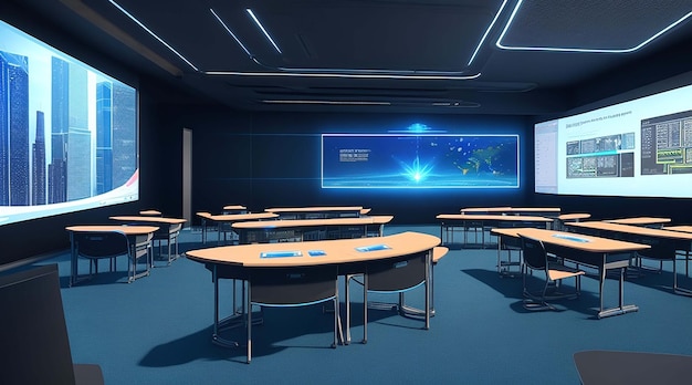 A futuristic classroom with holographic displays are integrated into the learning experience