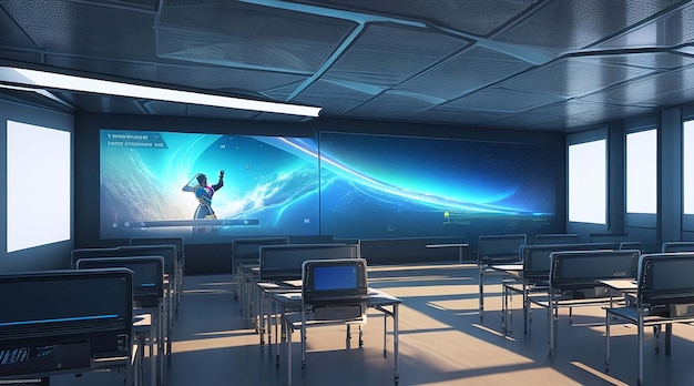 A futuristic classroom with holographic displays are integrated into the learning experience