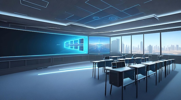 A futuristic classroom with holographic displays are integrated into the learning experience