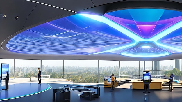 A futuristic classroom with holographic displays are integrated into the learning experience