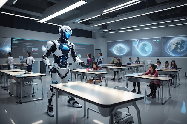 A futuristic classroom with holographic displays and robotic teaching assistants