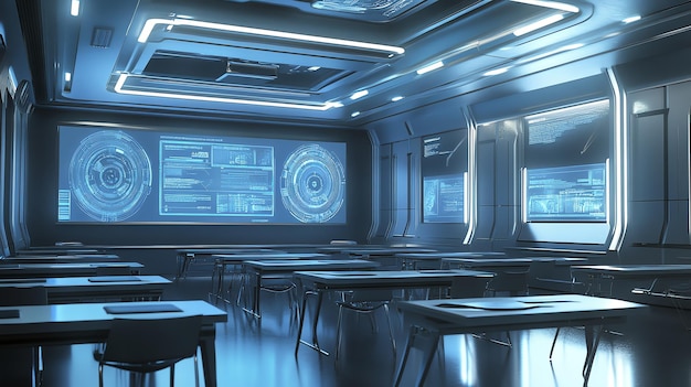 Futuristic classroom with large screen displaying digital data