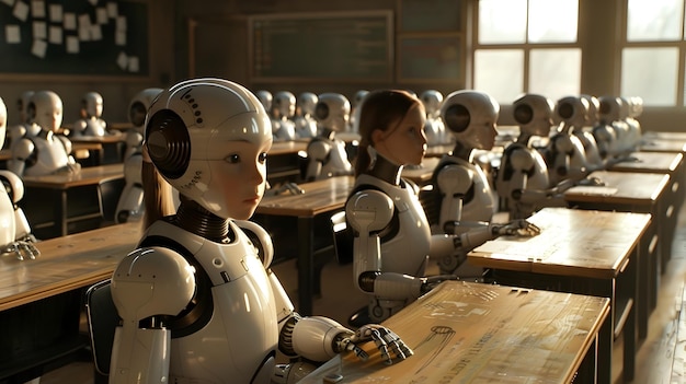 Futuristic Classroom with Rows of Robots Engaged in Educational Activities