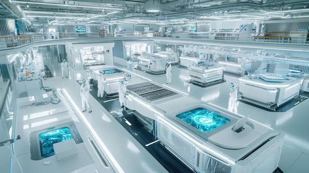 Photo futuristic cleanroom interior with workers in protective suits