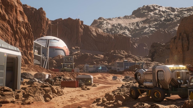 Photo futuristic colony on an alien planet with a rover buildings and a rocky landscape