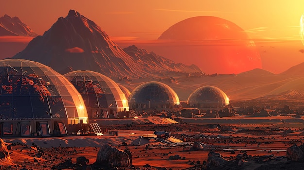 A futuristic colony on a distant planet with a red sun and a rocky landscape