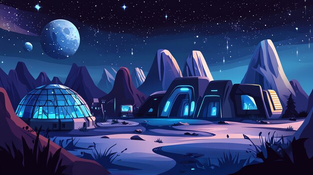 Photo a futuristic colony with glass dome and glowing buildings on an alien planet under a starry sky