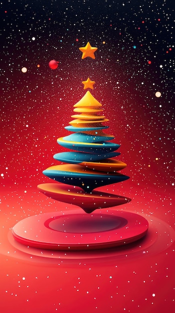 Futuristic Colorful Christmas Tree with Floating Layers and Stars on a Red Background