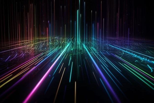 Futuristic colorful electric cables lines and led ight effect background for digital technology Trendy wallpaper spectrum generative AI