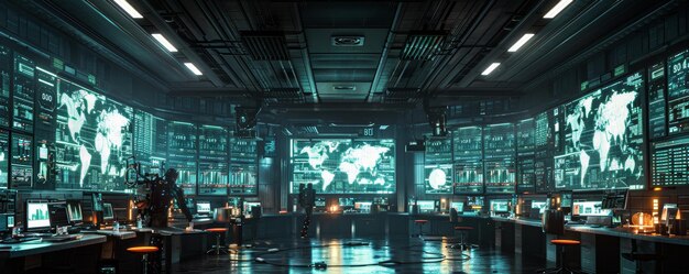 Photo futuristic command center with multiple digital screens and advanced technology