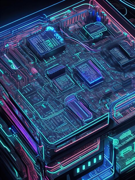 A futuristic computer circuit board with neon lights