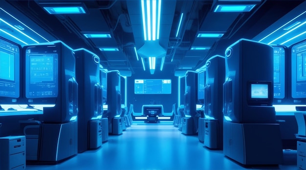 Futuristic computer lab with bright blue lighting Generative AI