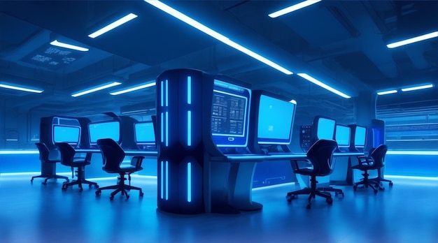 Futuristic computer lab with bright blue lighting. Generative AI.