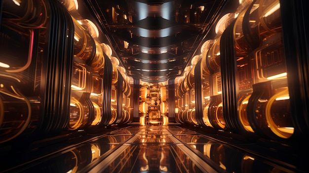 a futuristic computer room with gold lighting and a huge data center