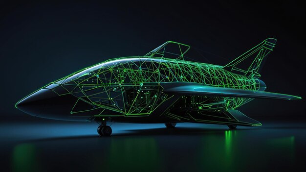 Photo futuristic concept airplane with green glowing lines isolated on black background