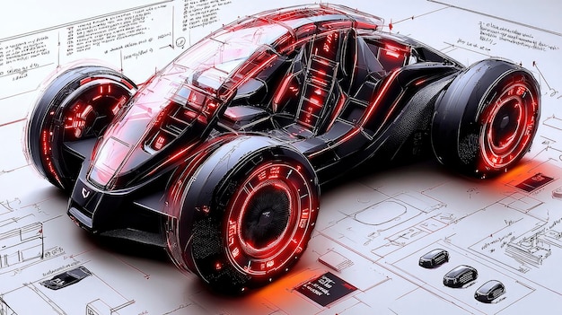 Futuristic Concept Car Design on Blueprint Background