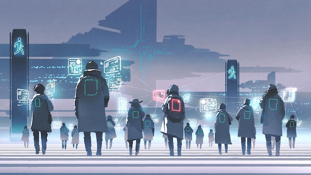 futuristic concept showing crowd of people walking on city street, digital art style, illustration painting