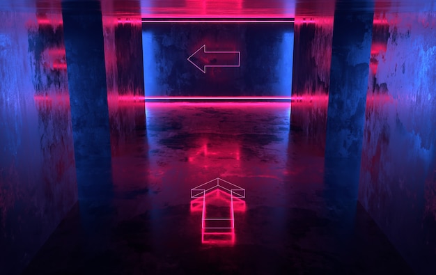 Futuristic concrete room with glowing neon lights