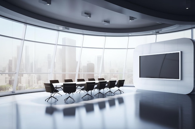 A futuristic conference room with a blank TV screen and a view of the city 3D rendering serves as a mockup for a presentation concept